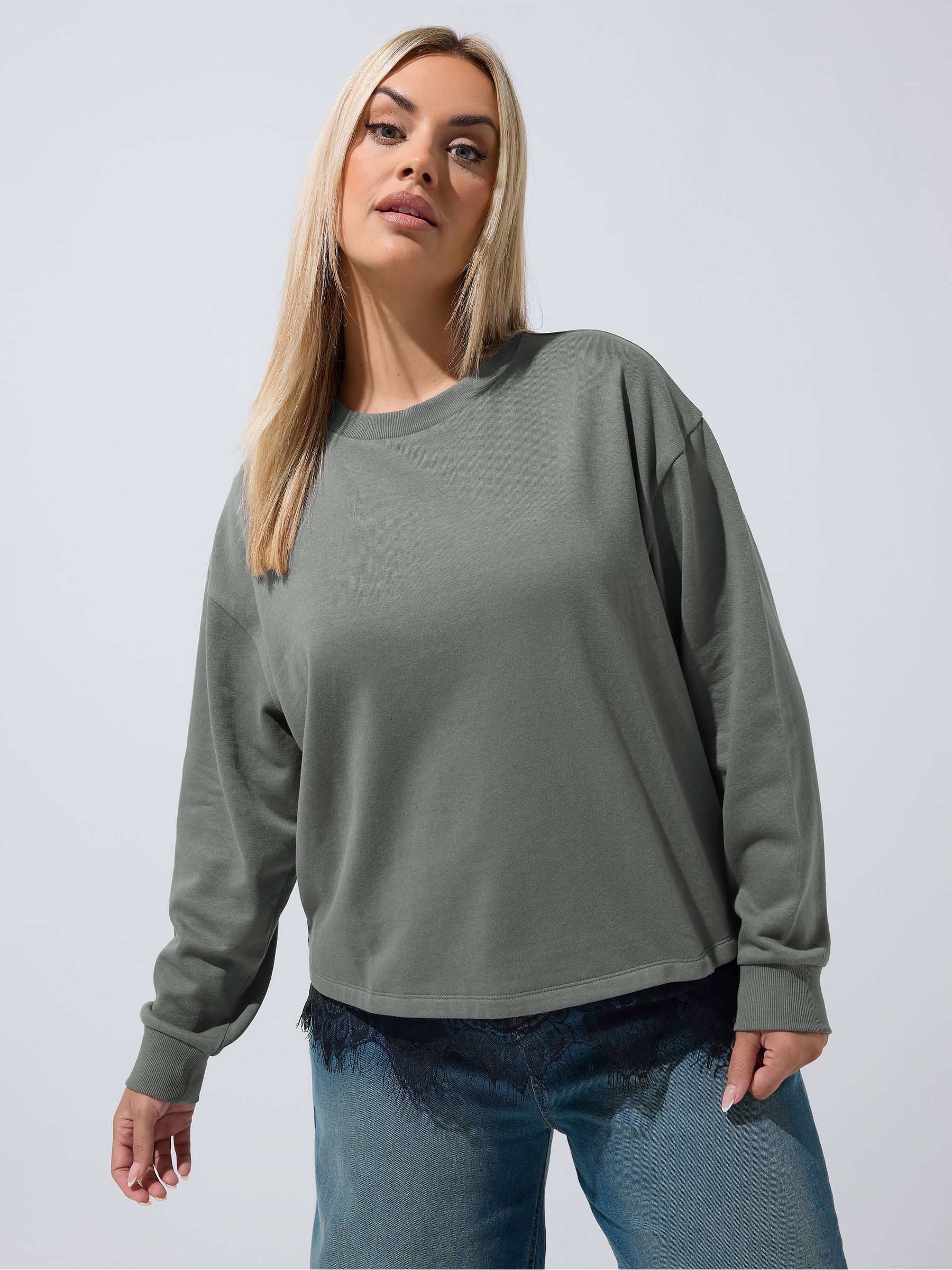 Yours Women's Grey Lace Hem Long Sleeve T-Shirt In | : 26/28 - Image 6