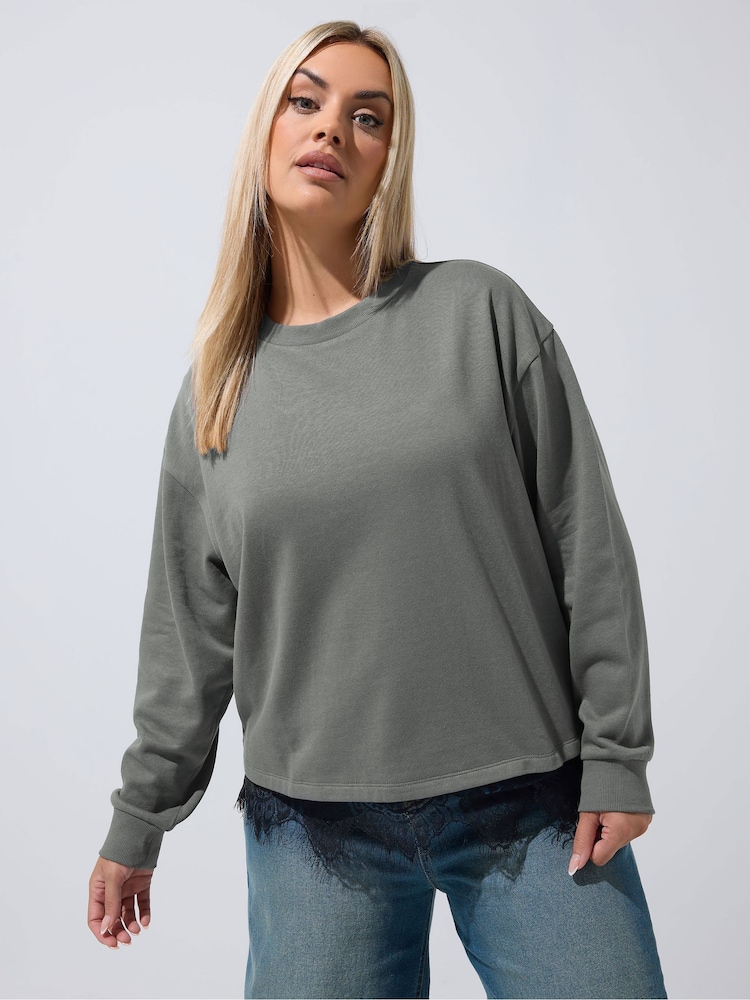Yours Curve Grey Limited Lace Hem Long Sleeve T-Shirt - Image 1 of 6 Yours Curve Grey Limited Lace Hem Long Sleeve T-Shirt - Image 1 of 6