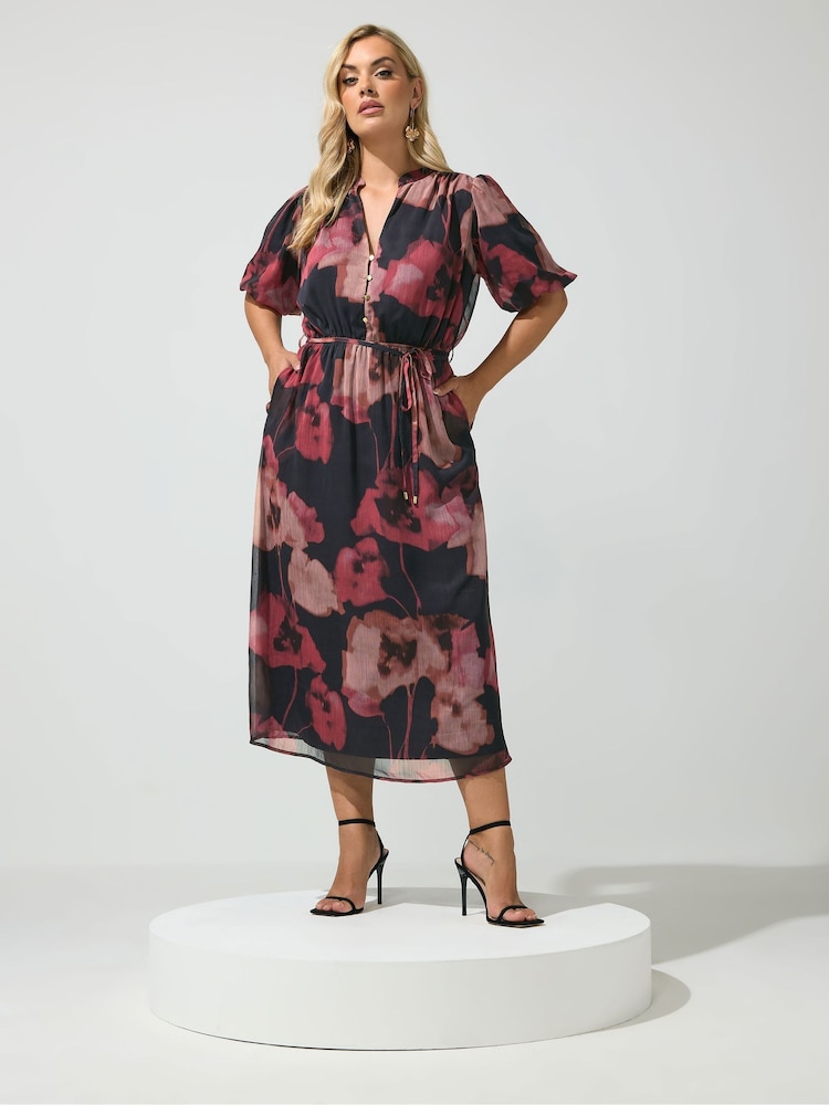 Yours Curve Red London Puff Sleeve Shirt Dress - Image 1 of 6