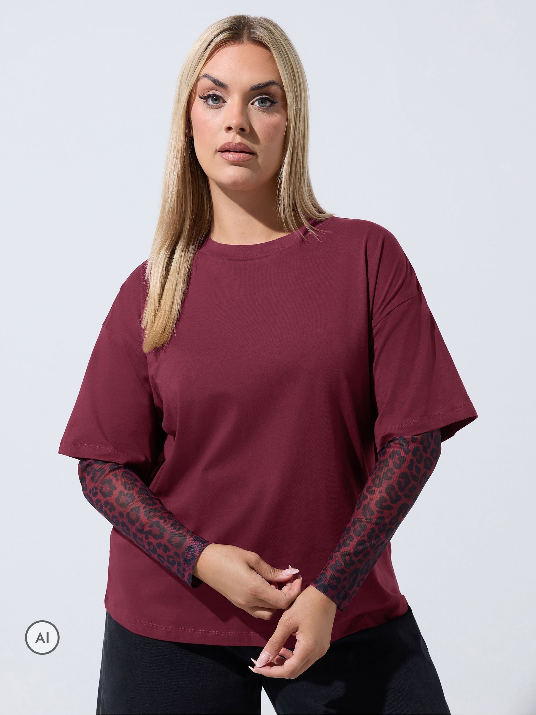Yours Curve Women's Red Limited Leopard Mesh Sleeve 2-In-1 T-Shirt - Image 1