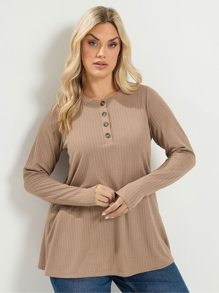 Yours Curve Brown Pointelle Henley Top - Image 1 of 6