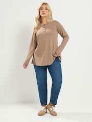 Yours Curve Brown Pointelle Henley Top - Image 2 of 6