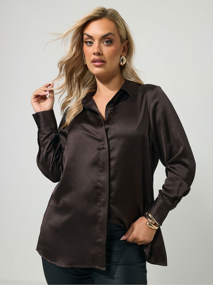 Yours Curve Brown London Satin Open Collar Shirt - Image 1 of 6