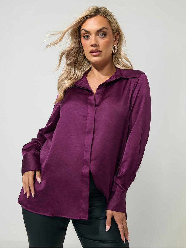 Yours Curve Purple London Satin Open Collar Shirt - Image 1 of 6
