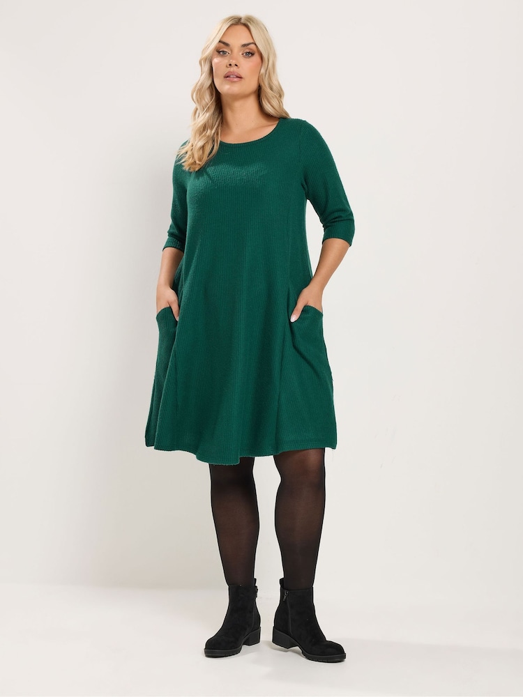 Yours Curve Green Soft Touch Drape Pocket Dress - Image 2 of 7