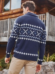 Threadbare Navy Fairisle Pattern Shawl Collar Knitted Cardigan - Image 3 of 4