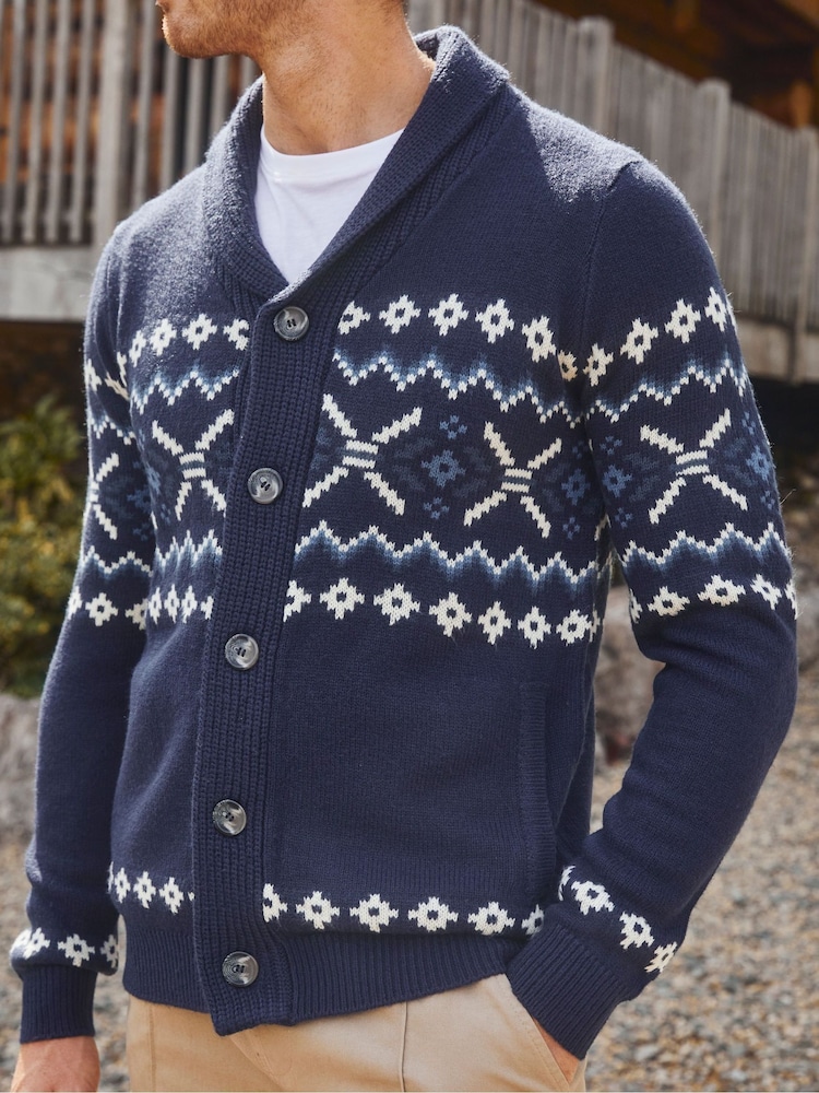 Threadbare Navy Fairisle Pattern Shawl Collar Knitted Cardigan - Image 4 of 4
