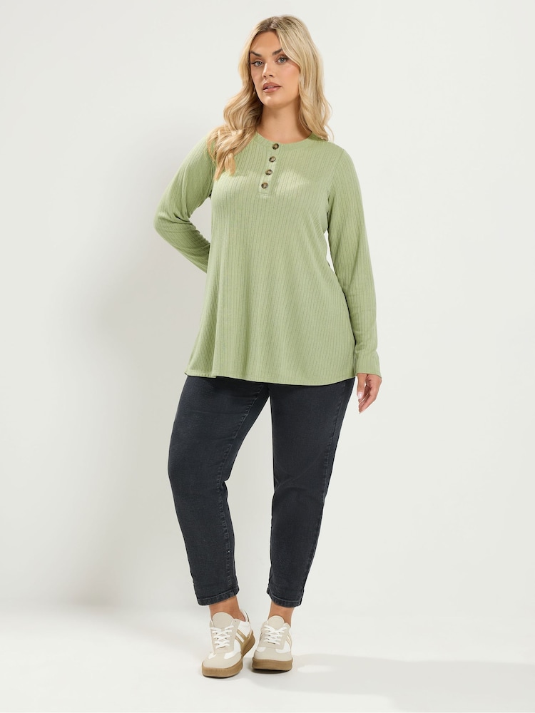 Yours Curve Green Pointelle Henley Top - Image 2 of 6