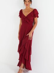 Quiz Red Chiffon Frill Maxi Dress - Image 1 of 4