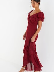 Quiz Red Chiffon Frill Maxi Dress - Image 3 of 4