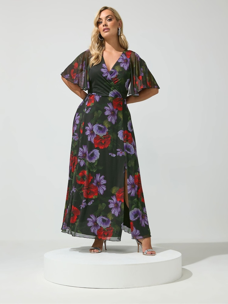 Yours Curve Black London Floral Wrap Maxi Dress - Image 1 of 6