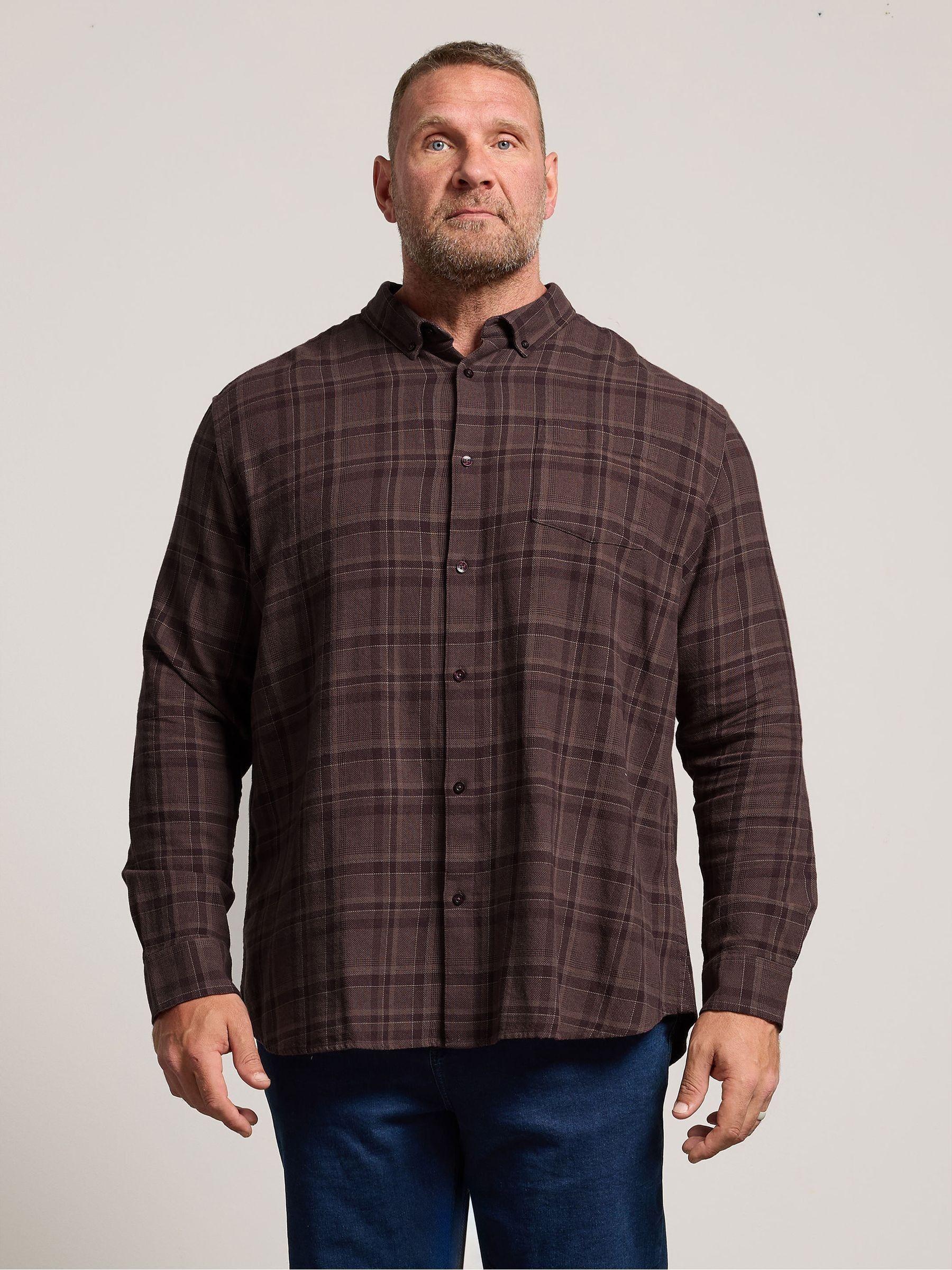 Badrhino Big & Tall Men's Dark Brown Checked Long Sleeve Shirt