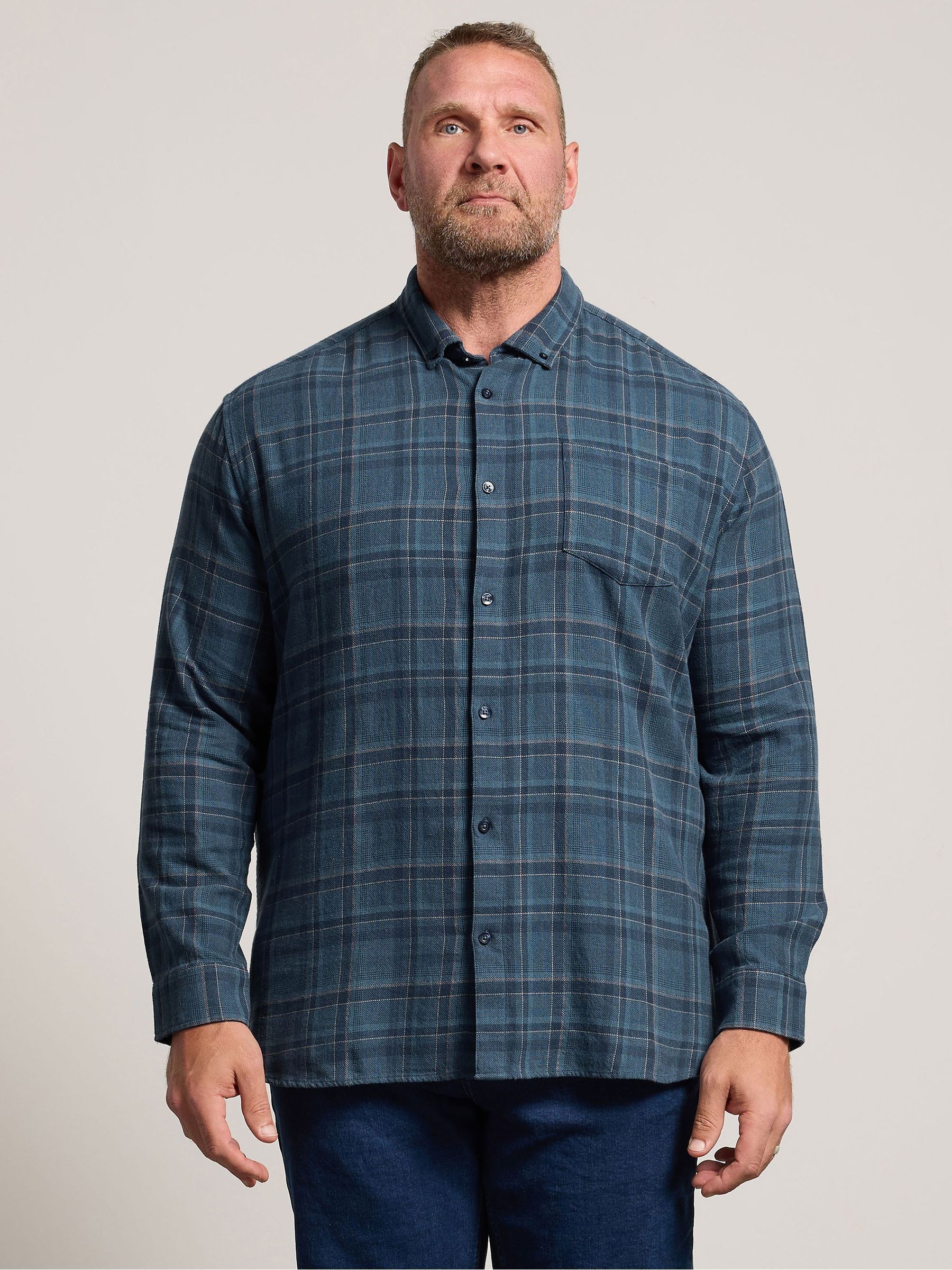 Badrhino Big & Tall Men's Dark Blue Checked Long Sleeve Shirt