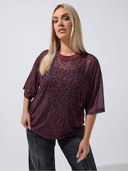 Yours Curve Red Limited Leopard Mesh Boxy T-Shirt - Image 1 of 6