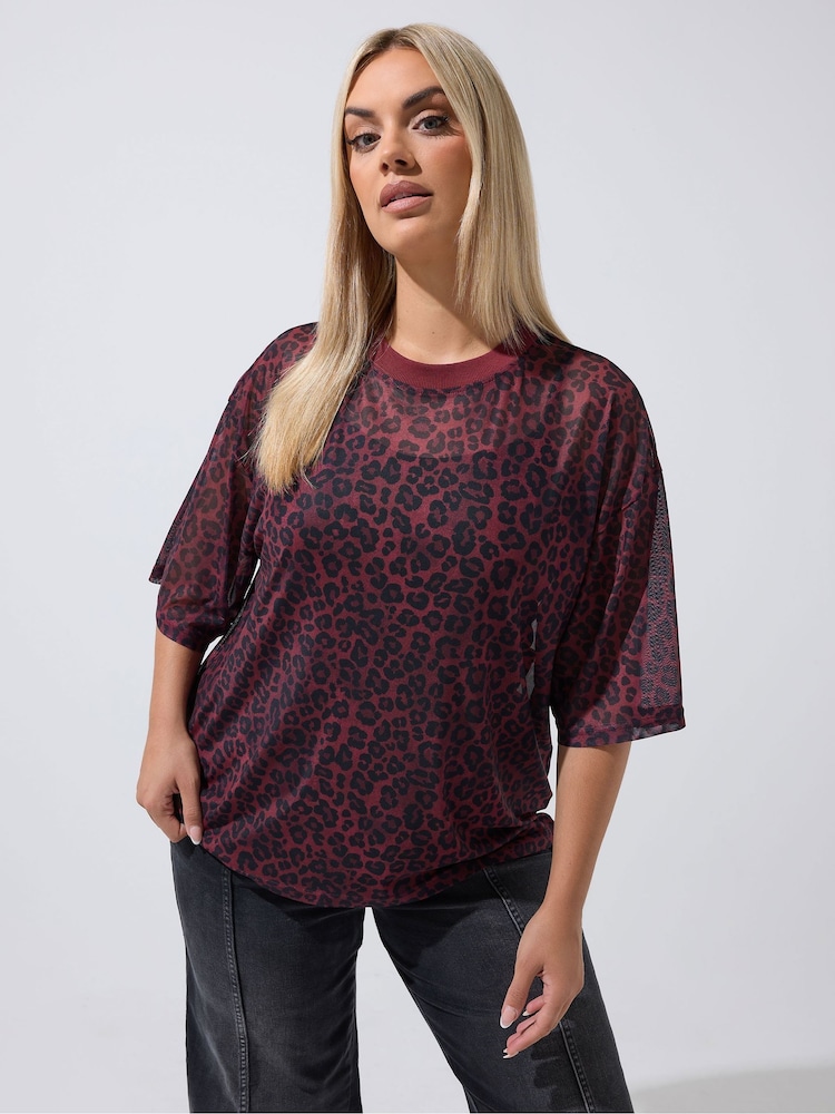Yours Curve Red Limited Leopard Mesh Boxy T-Shirt - Image 1 of 6 Yours Curve Red Limited Leopard Mesh Boxy T-Shirt - Image 1 of 6