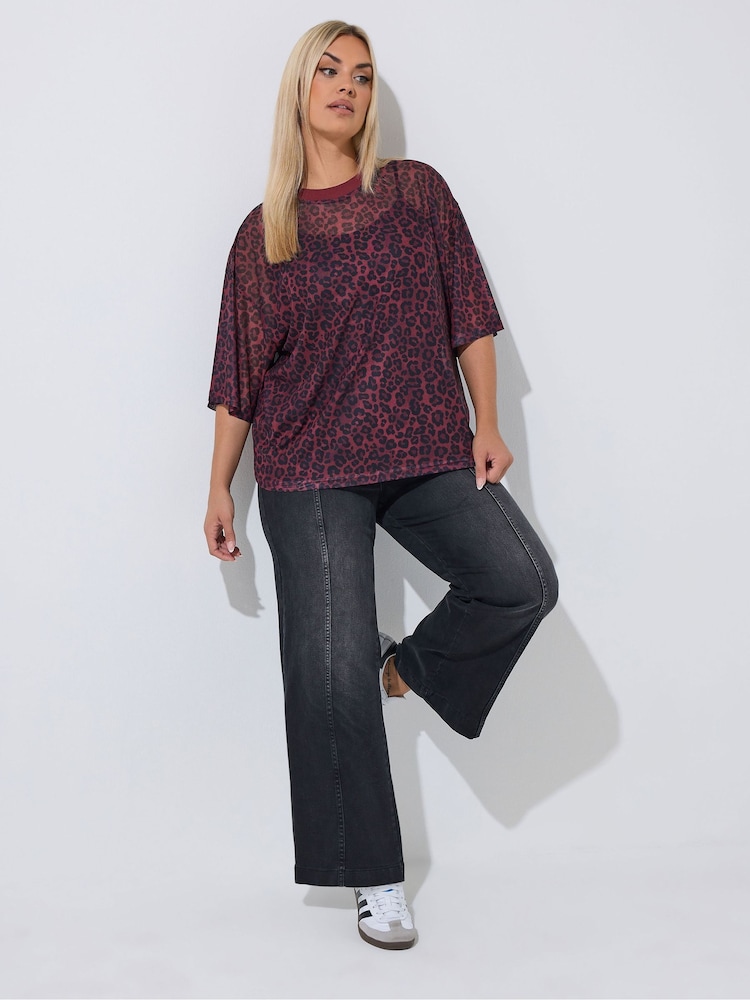 Yours Curve Red Limited Leopard Mesh Boxy T-Shirt - Image 2 of 6 Yours Curve Red Limited Leopard Mesh Boxy T-Shirt - Image 2 of 6