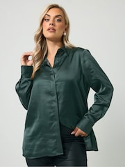 Yours Curve Green London Satin Open Collar Shirt - Image 1 of 6