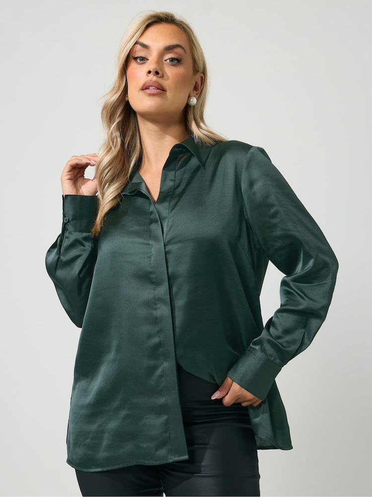 Yours Curve Green London Satin Open Collar Shirt - Image 1 of 6 Yours Curve Green London Satin Open Collar Shirt - Image 1 of 6