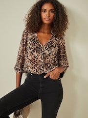 Brown Animal V-Neck Metallic Spot 3/4 Sleeve Blouse - Image 1 of 6