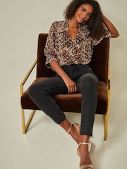 Brown Animal V-Neck Metallic Spot 3/4 Sleeve Blouse - Image 2 of 6