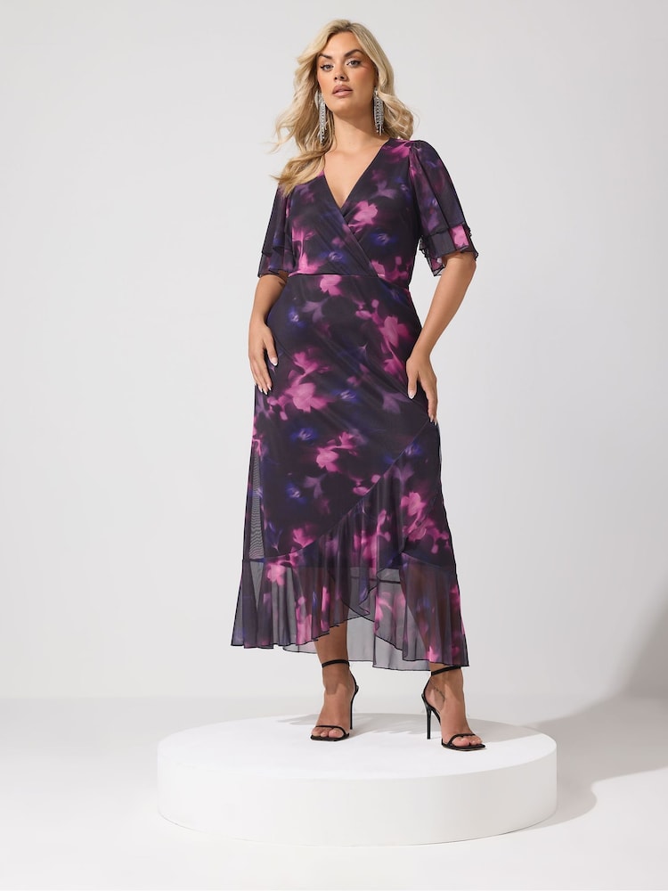 Yours Curve Purple London Blurred Floral Mesh Ruffle Wrap Dress - Image 1 of 6 Yours Curve Purple London Blurred Floral Mesh Ruffle Wrap Dress - Image 1 of 6