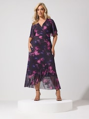 Yours Curve Purple London Blurred Floral Mesh Ruffle Wrap Dress - Image 2 of 6