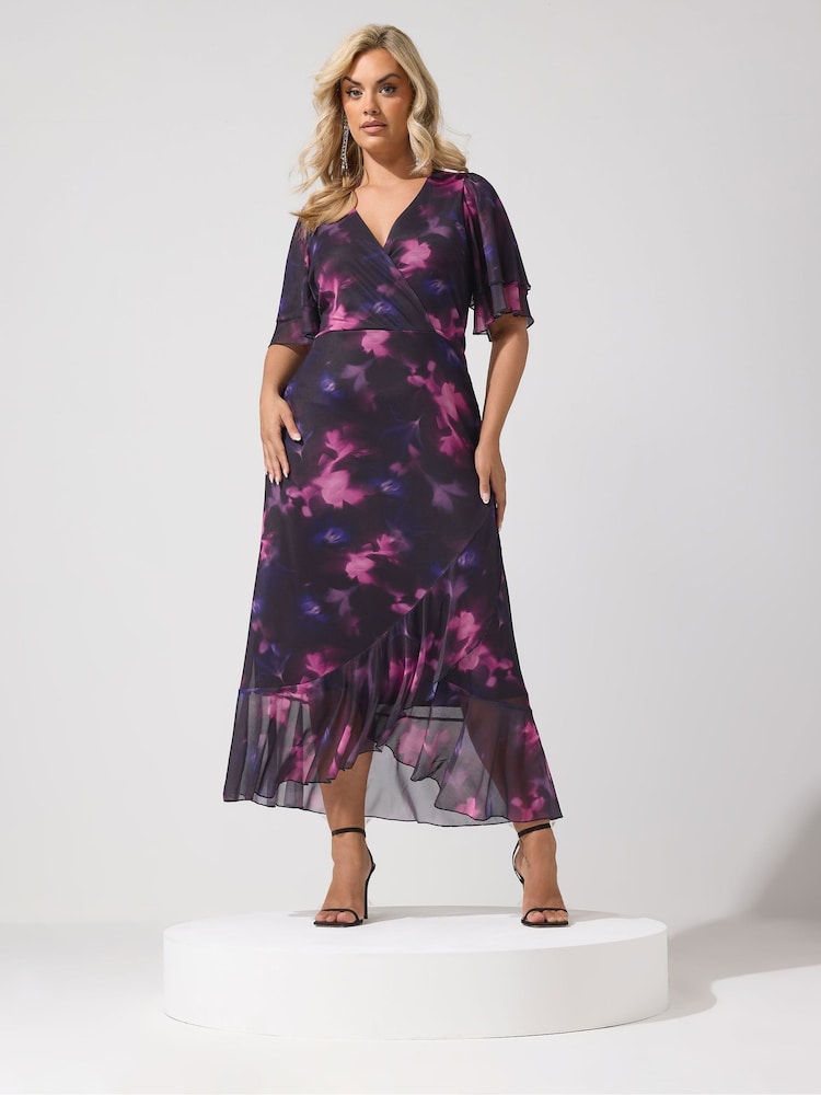 Yours Curve Purple London Blurred Floral Mesh Ruffle Wrap Dress - Image 2 of 6 Yours Curve Purple London Blurred Floral Mesh Ruffle Wrap Dress - Image 2 of 6