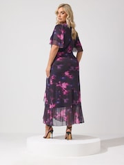 Yours Curve Purple London Blurred Floral Mesh Ruffle Wrap Dress - Image 3 of 6