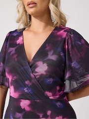 Yours Curve Purple London Blurred Floral Mesh Ruffle Wrap Dress - Image 4 of 6