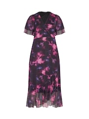 Yours Curve Purple London Blurred Floral Mesh Ruffle Wrap Dress - Image 5 of 6