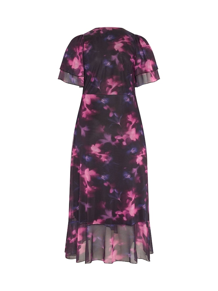 Yours Curve Purple London Blurred Floral Mesh Ruffle Wrap Dress - Image 6 of 6 Yours Curve Purple London Blurred Floral Mesh Ruffle Wrap Dress - Image 6 of 6