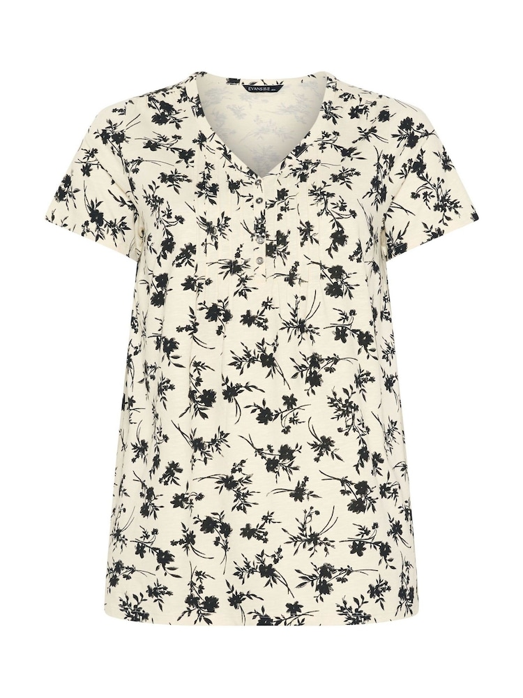 Evans Cream Floral Print Cotton Henley Top - Image 5 of 5