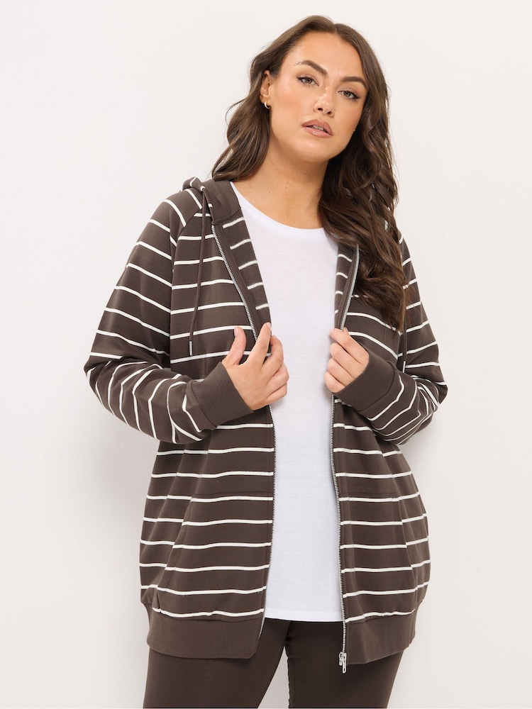 Yours Curve Brown Stripe Zip Through Hoodie - Image 1 of 6 Yours Curve Brown Stripe Zip Through Hoodie - Image 1 of 6