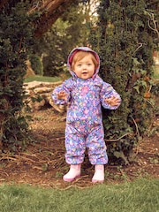 JoJo Maman Bébé Purple Bird Floral Cosy Waterproof Puddlesuit - Image 1 of 9