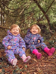 JoJo Maman Bébé Purple Bird Floral Cosy Waterproof Puddlesuit - Image 2 of 9