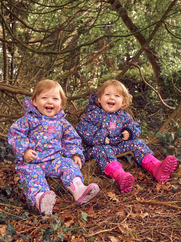 JoJo Maman Bébé Purple Bird Floral Cosy Waterproof Puddlesuit - Image 2 of 9