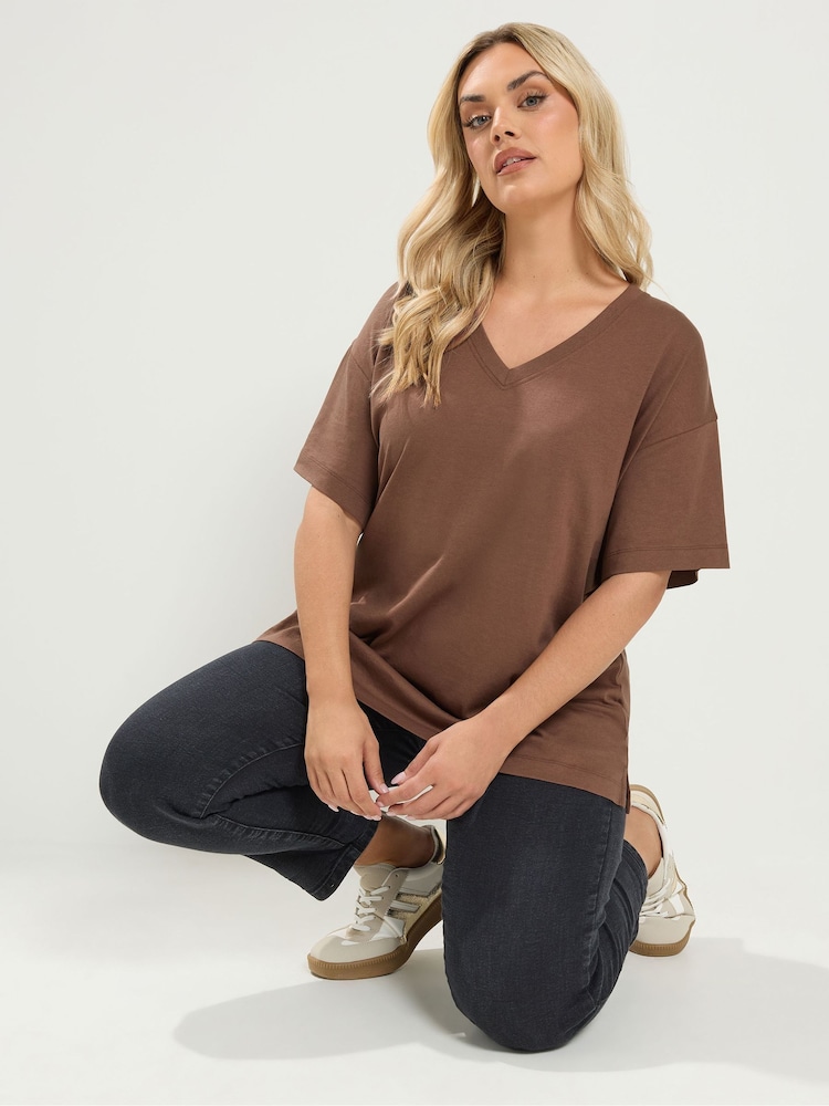 Yours Curve Brown V-Neckline Longline T-Shirt - Image 1 of 6 Yours Curve Brown V-Neckline Longline T-Shirt - Image 1 of 6