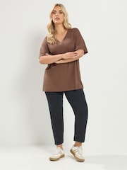 Yours Curve Brown V-Neckline Longline T-Shirt - Image 2 of 6
