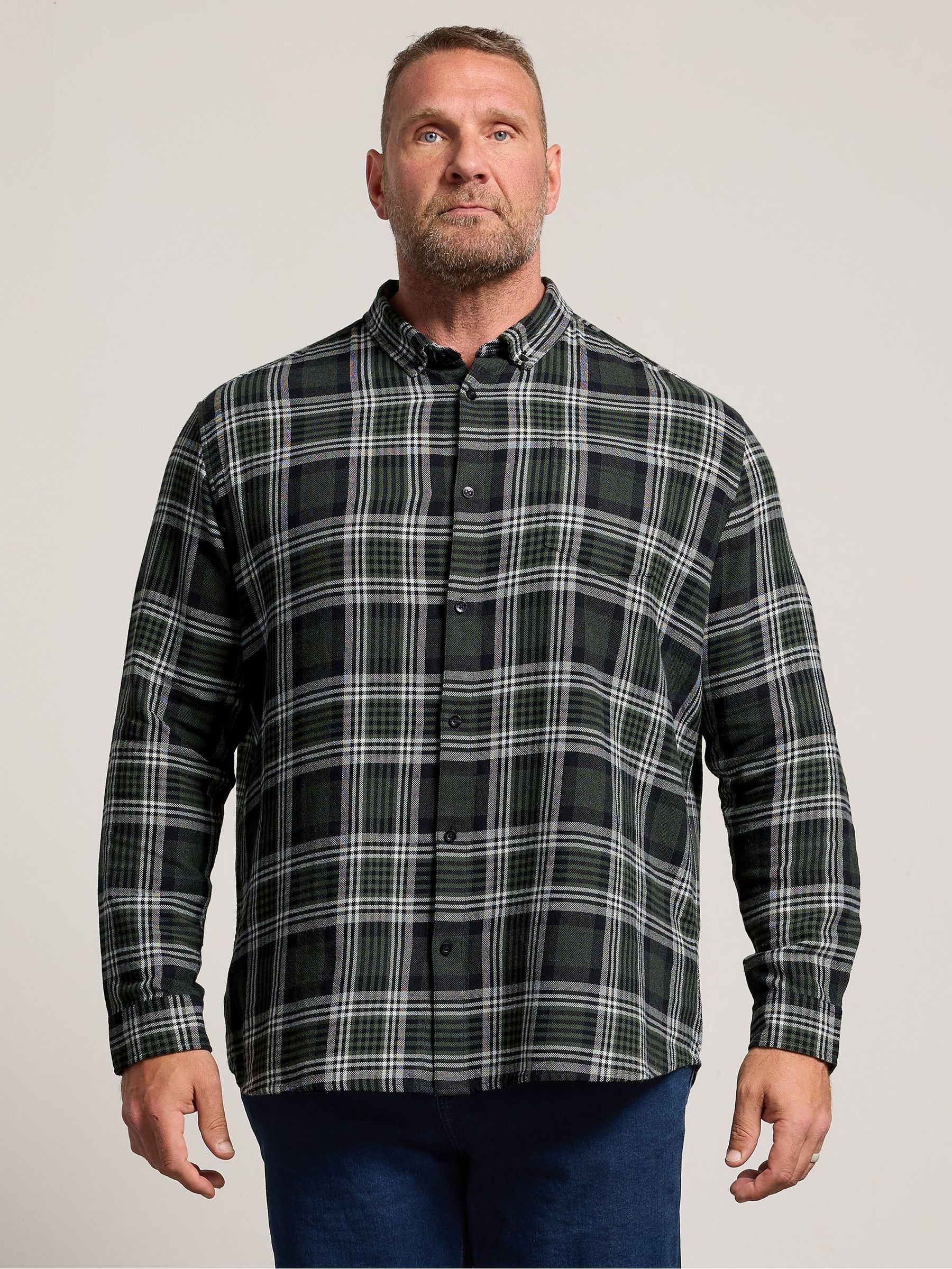 Badrhino Big & Tall Men's Dark Green Checked Long Sleeve Shirt