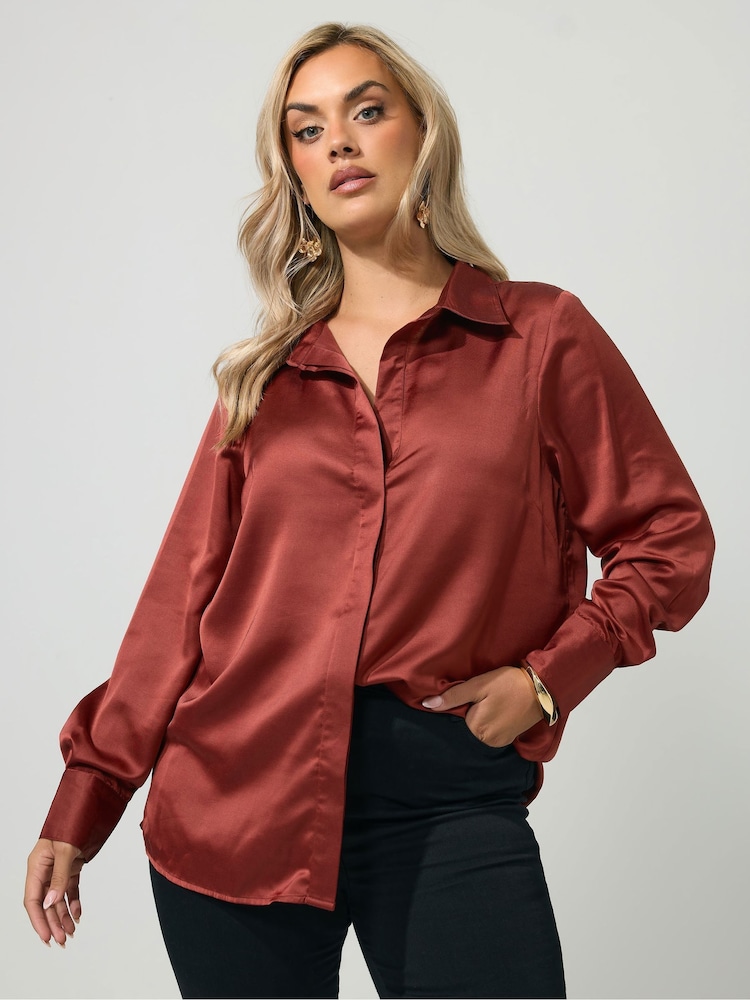 Yours Curve Orange London Satin Open Collar Shirt - Image 1 of 6 Yours Curve Orange London Satin Open Collar Shirt - Image 1 of 6