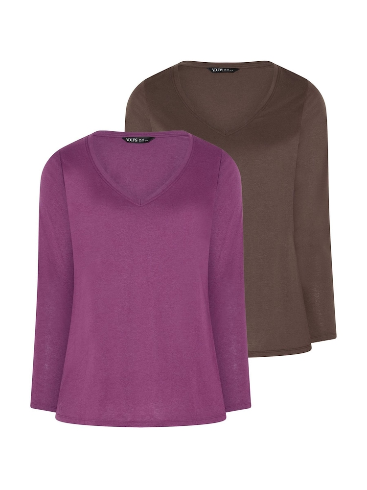 Yours Curve Brown Long Sleeve Core T-Shirts 2 Pack - Image 1 of 7 Yours Curve Brown Long Sleeve Core T-Shirts 2 Pack - Image 1 of 7