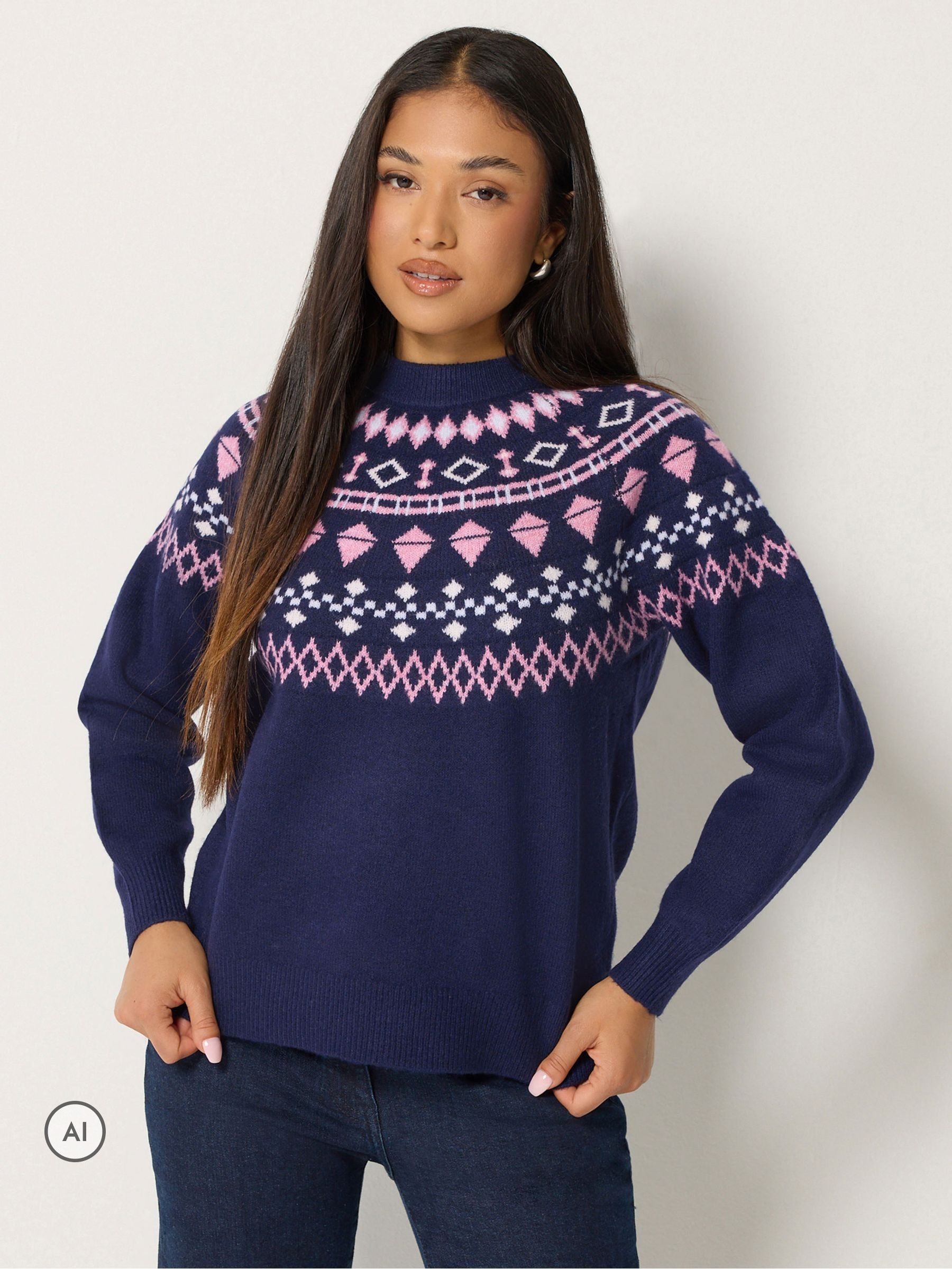 M & Co Women's Blue Petite Fairisle Jumper