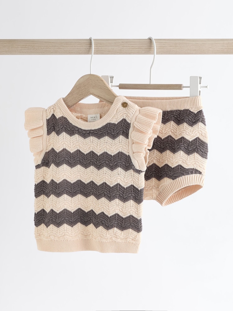 Tan/ Monochrome Zig Zag Stripe Baby Knitted Crochet 100% Cotton Top And Shorts Set (0mths-2yrs) - Image 1 of 9