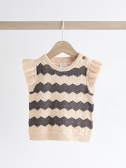 Tan/ Monochrome Zig Zag Stripe Baby Knitted Crochet 100% Cotton Top And Shorts Set (0mths-2yrs) - Image 3 of 9
