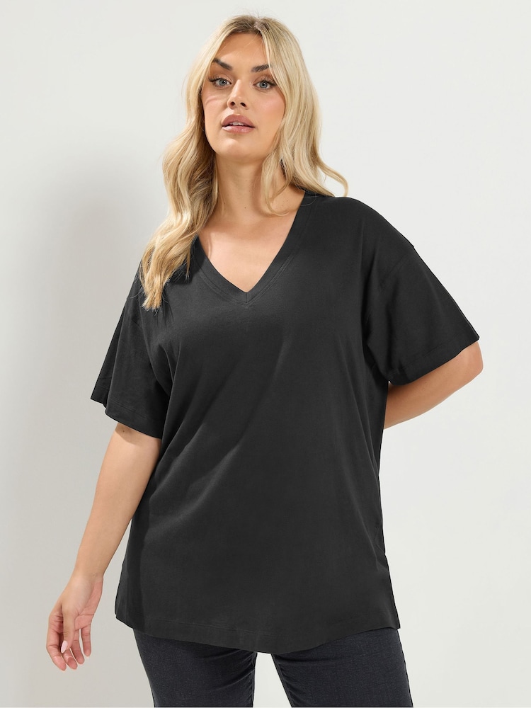 Yours Curve Black V-Neckline Longline T-Shirt - Image 1 of 4 Yours Curve Black V-Neckline Longline T-Shirt - Image 1 of 4