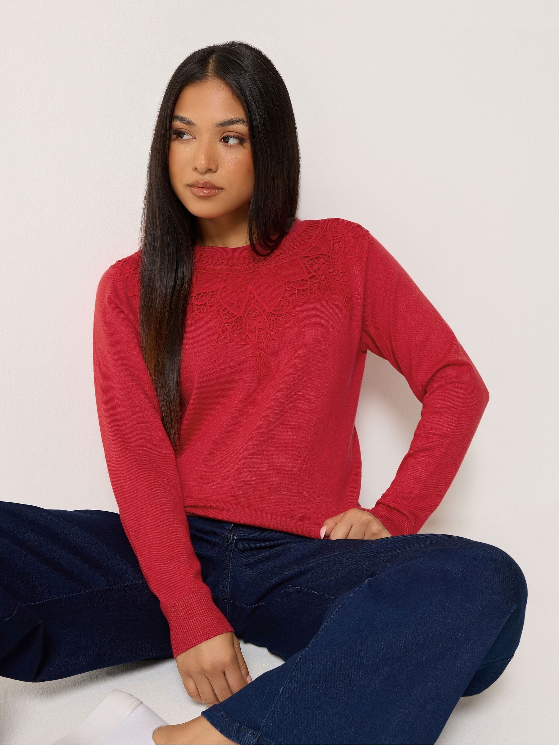 M&Co Women's Red Petite Lace Trim Jumper In | Size: 8/10 - Image 1
