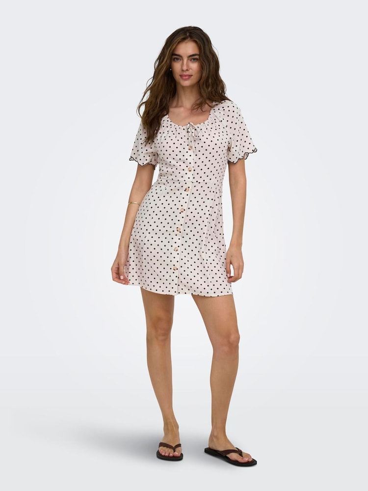 ONLY Black White Polka Dot Linen Look Short Dress - Image 1 of 6 ONLY Black White Polka Dot Linen Look Short Dress - Image 1 of 6