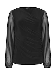 M&Co Black Mesh Long Sleeve Wrap Top - Image 5 of 6