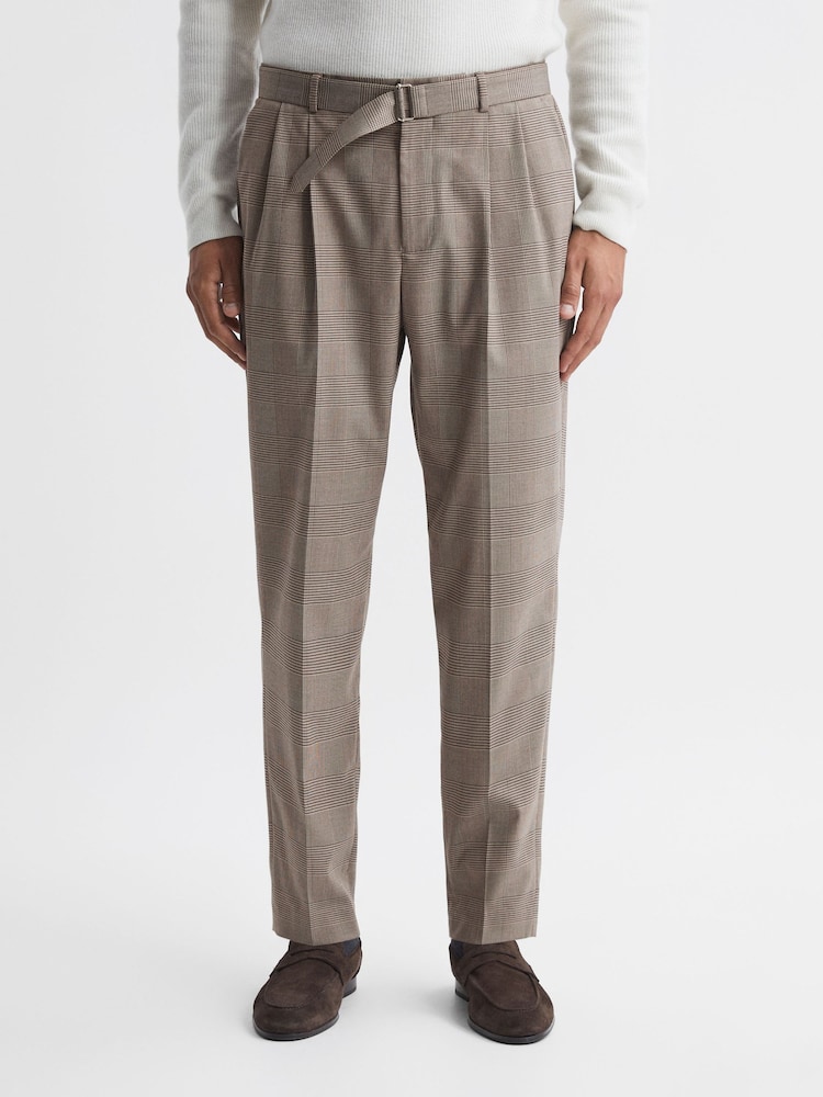 Reiss Brown Rail Prince of Wales Check Belted Trousers - Image 1 of 5