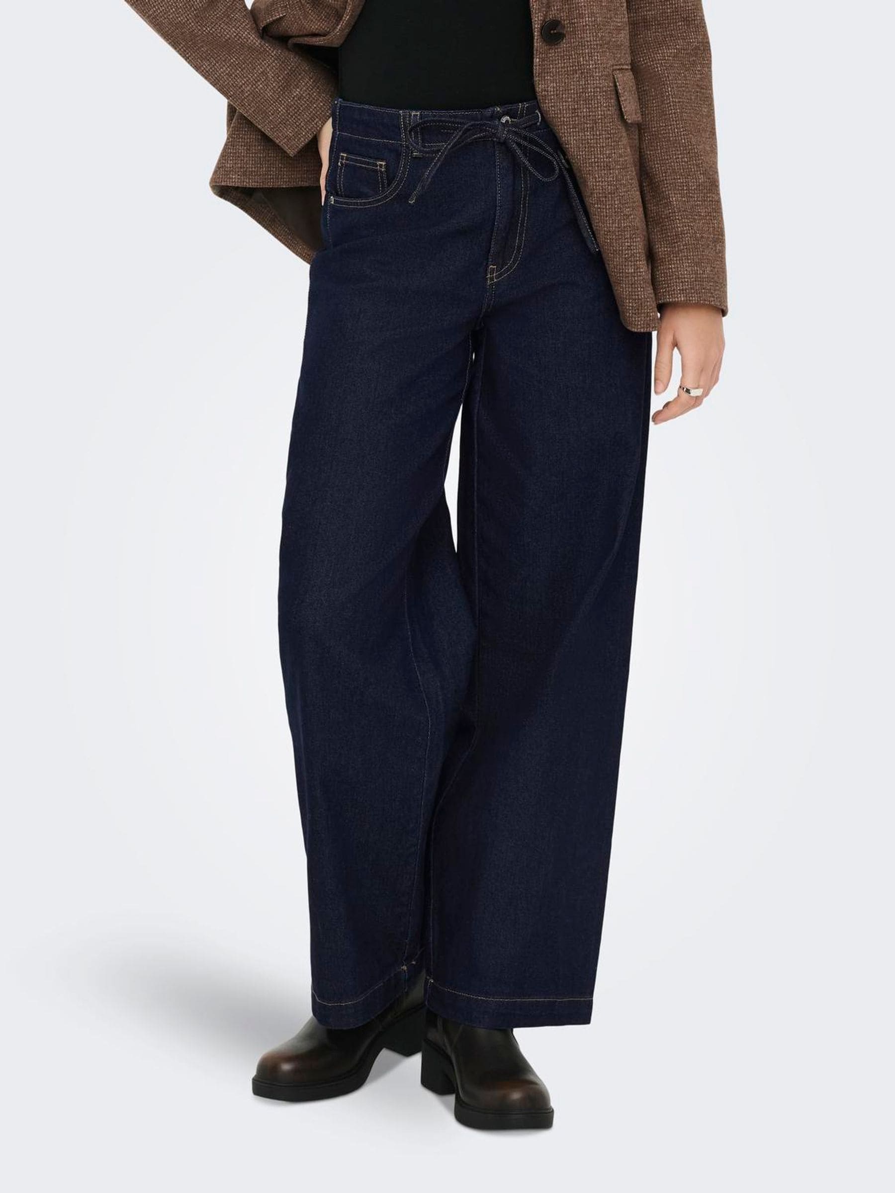 Only Women's Blue High Waist Wide Leg Jeans In Rinse Wash With Tie Waist - Image 1